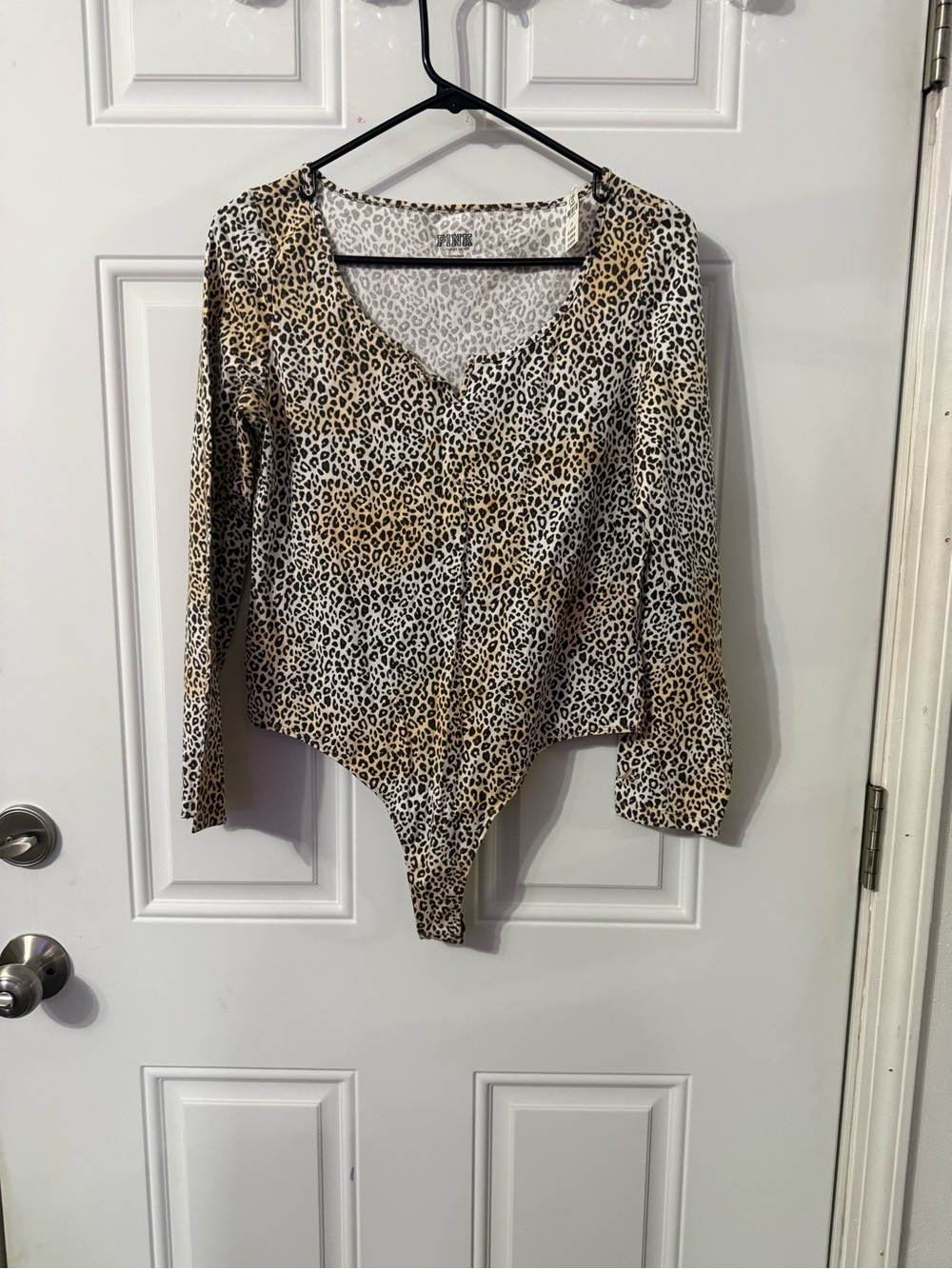 NWT Victoria’s Secret PINK Leopard Long Sleeve Thong Bodysuit L